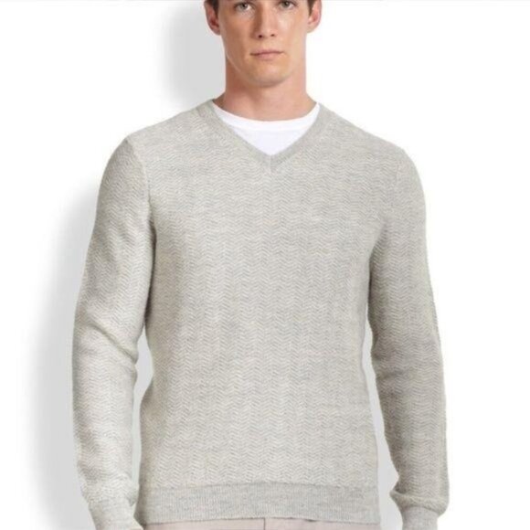 Vince Mens Gray Alpaca Wool Herringbone V-Neck Pullover Sweater - Picture 1 of 7